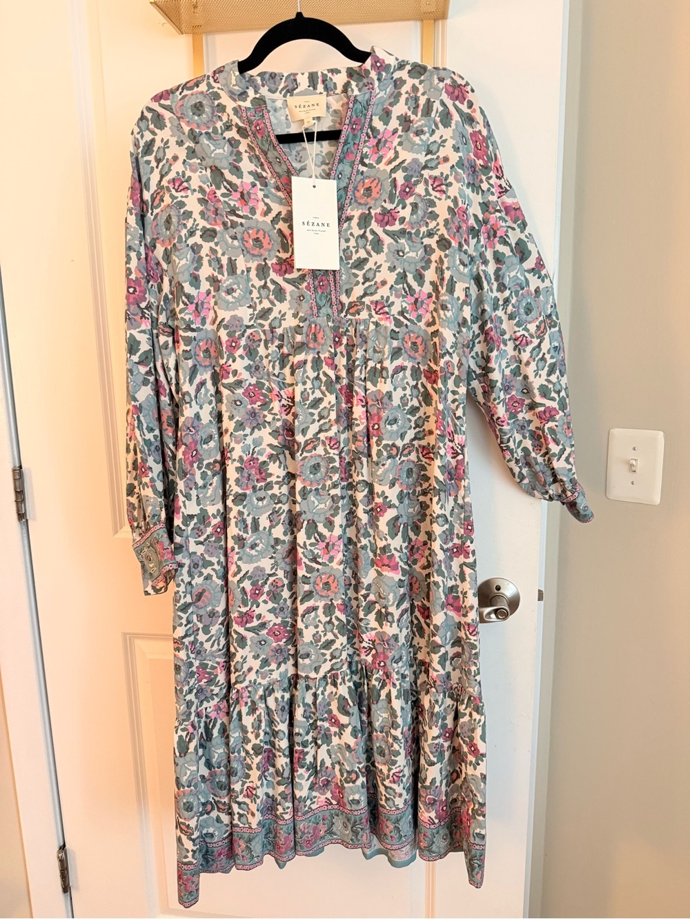 Sezane Floral Midi Dress in Mint with Pink and Blue Accents